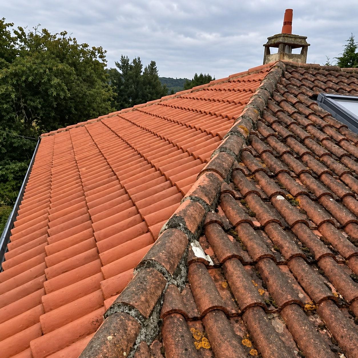 Toiture de tuiles canal en cours de nettoyage : à gauche les tuiles nettoyées, à droite les tuiles encore couvertes de lichens